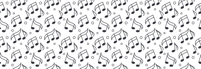 Seamless music notes pattern with playful hand drawn symbols. Monochrome musical background for education and entertainment themes. Repeating melody design for fabric wallpaper and print. © Khadiza