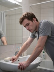 Obraz premium Caucasian man patient suffering from food poisoning leaning over bathroom sink in distress. Health issues and medical emergency vertical banner with copy space