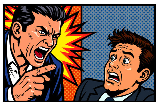 Angry boss screaming yells at a subordinate. conflict in office. An abusive man and his victim. pop art style vintage advertising. vector illustration.
