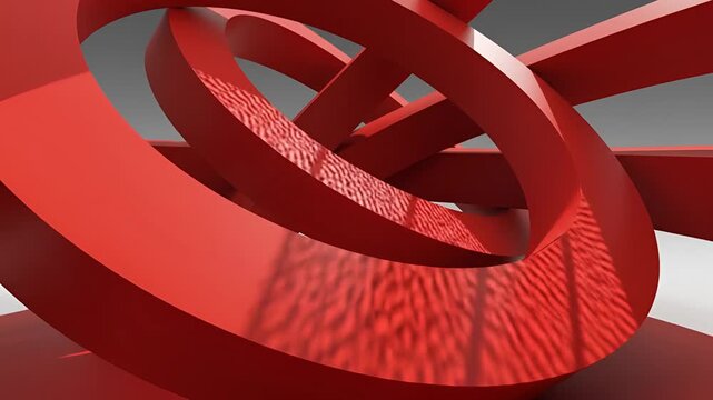 Abstract Red Sculpture with Interlocking Rings and Stripes.