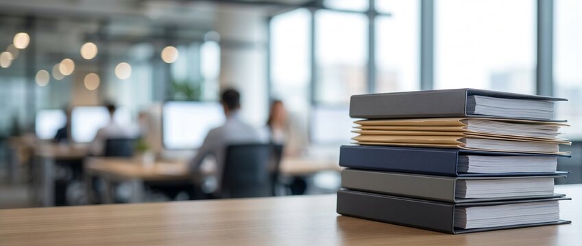  Stack of document binders on a desk with a blurred modern open plan office background, corporate paperwork and business administration concept