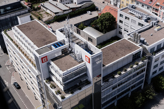 Prague, Czech Republic, 24 May 2026: Festival Open House Praha, Aerial view from the terrace of the Filadelfie office building over the Brumlovka district on a summer day, the ČEZ headquarters