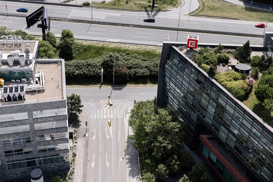 Prague, Czech Republic, 24 May 2026: Festival Open House Praha, Aerial view from the terrace of the Filadelfie office building over the Brumlovka district on a summer day, the ČEZ headquarters
