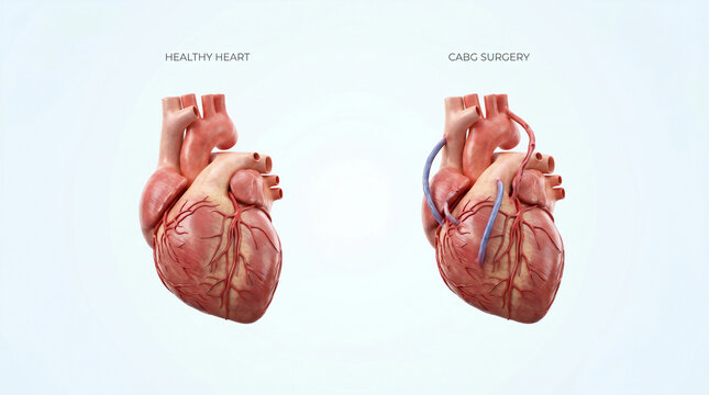 Coronary artery bypass graft cabg surgery concept comparing healthy human heart with cardiovascular graft vessel 3d illustration