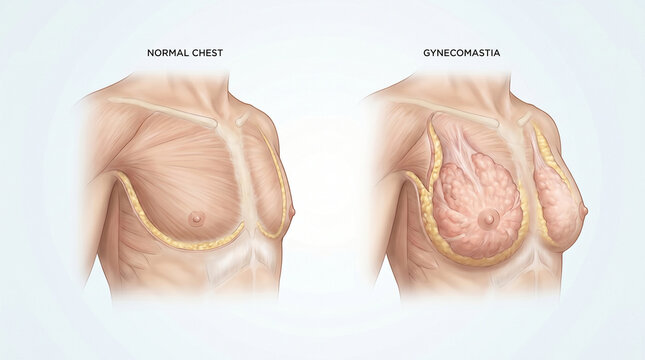 Male chest anatomy cross section comparing normal breast tissue with gynecomastia glandular tissue enlargement 3d illustration