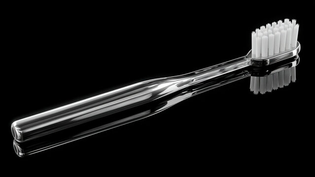 A transparent toothbrush with white bristles, designed for daily oral hygiene, rests on a reflective black surface.