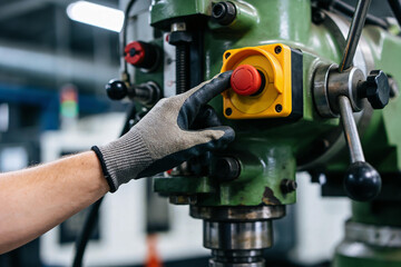 Fototapeta premium Worker presses emergency stop button on industrial machinery in factory setting