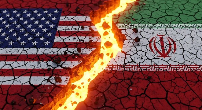Conceptual illustration of geopolitical conflict between the United States and Iran represented by a rift