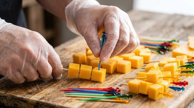 Person wearing clear gloves preparing party appetizers by placing cheese cubes onto toothpicks