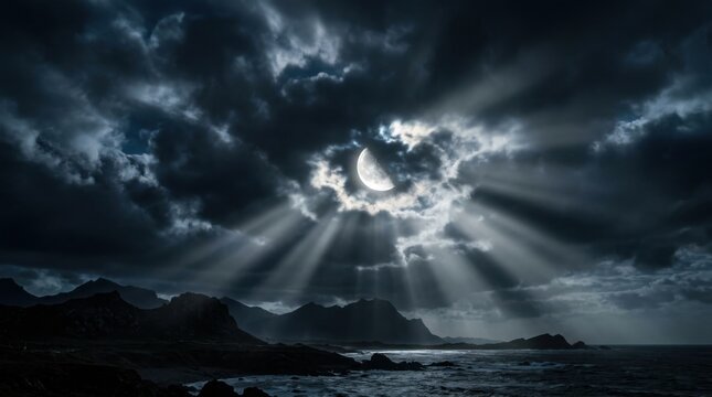 Crescent moon with bright rays over dark coast. Halloween moody seascape concept.