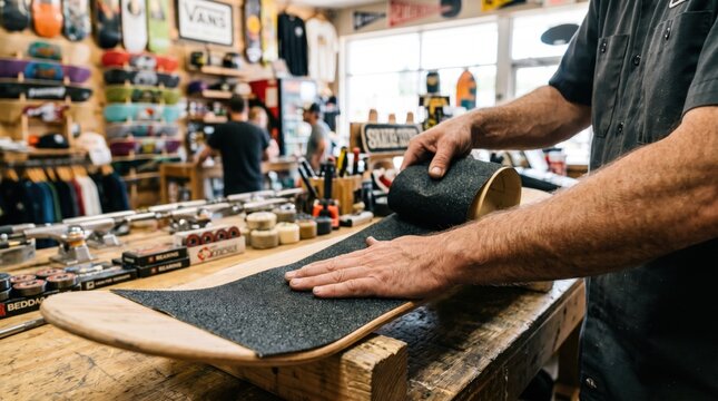 Skate shop employee applying black grip tape to a new wooden skateboard deck on a workbench