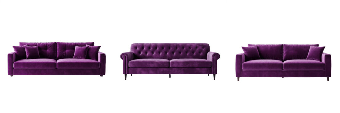 Set Purple Velvet Sofas Isolated On White Background Collection For Luxury Home Interior Design And Living Room Furniture Styling Professional Decorative Elements