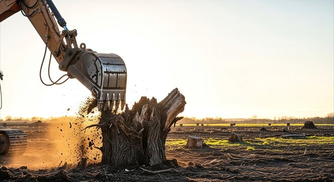 Excavator Uproots Tree Stump in Golden Hour Field Clearing for Land Development