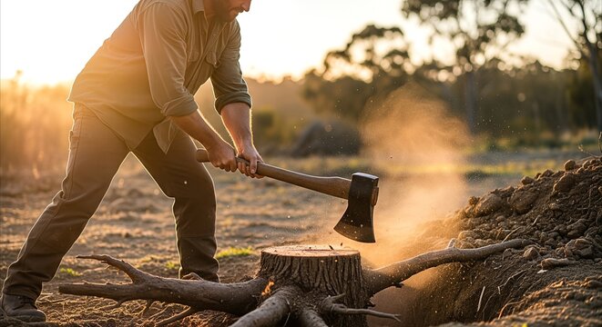 Man chopping tree stump with axe during golden hour, clearing land for project