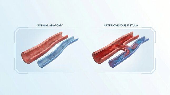 Arteriovenous fistula medical illustration comparing normal blood vessels connection with abnormal avf shunt anatomy