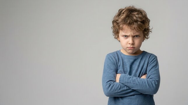 Portrait of a little boy looking angry and furious with arms folded against a neutral background.