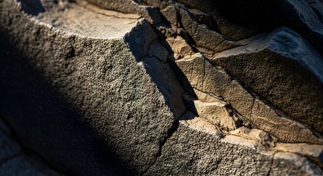 Closeup of a dark rough rock surface with visible cracks and crevices illuminated by a beam of light.
