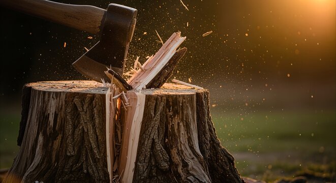Axe splitting a tree stump with wood chips flying in golden hour light, dramatic action in nature