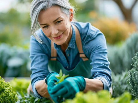 Woman works in garden with green plants during daytime in spring season