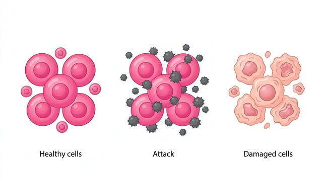 A medical diagram of cell damage caused by free radicals and oxidative stress.