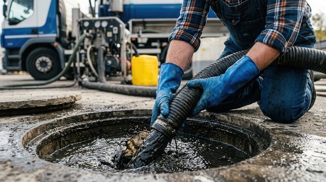 A sanitation worker performing septic tank cleaning and waste extraction using specialized pumping equipment.