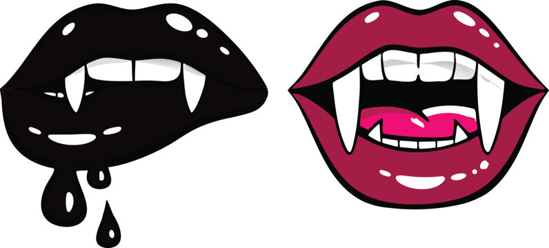 Black and pink vampire lips with sharp fangs dripping blood vector illustration,  horror mouth icon set, spooky Halloween vampire kiss  isolated on white background
