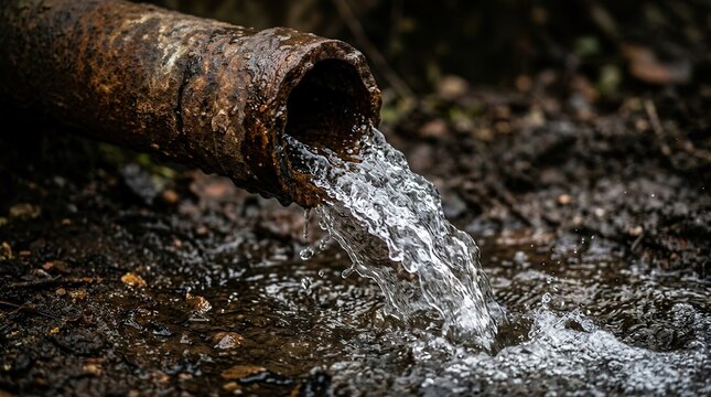 A close-up of water pouring from a metal pipe, showing erosion and runoff issues.