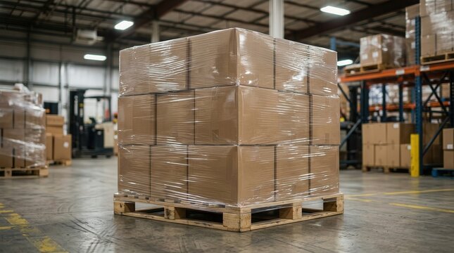 Large carton load securely wrapped in stretch film on a wooden pallet in a warehouse.