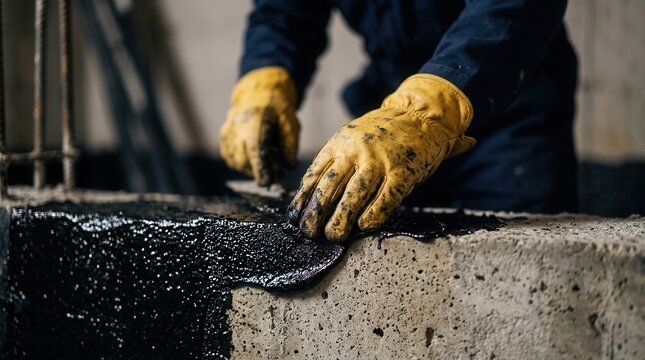 A worker using protective gloves to apply a black coating to a basement wall for surface protection.