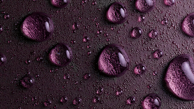 Macro shot of water droplets on a dark purple textured surface, highlighting surface tension and light refraction.