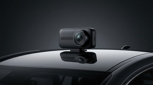 Safety monitoring dash cam mounted on a vehicle roof for continuous recording and security.
