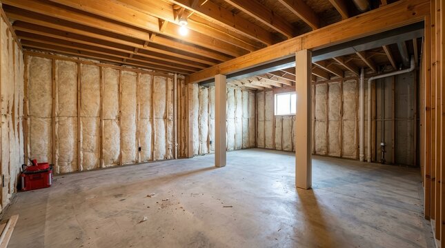 Residential basement renovation site featuring exposed ceiling joists and wall framing.