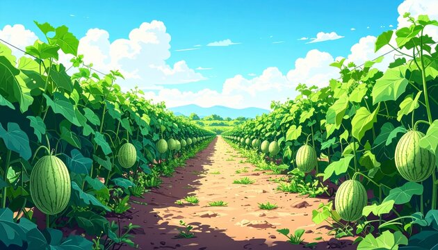 Pixelated Watermelon Patch Under Clear Blue Sky in Agricultural Landscape