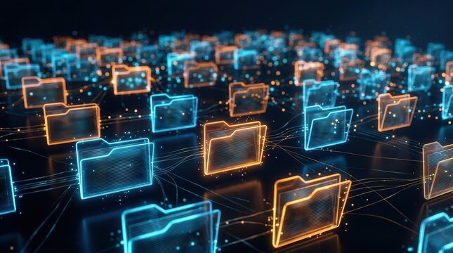 A futuristic network grid featuring glowing folder nodes and secure data flow concept.