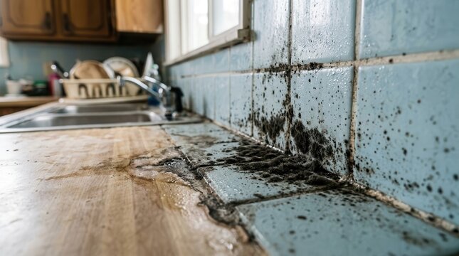 Detail of dark mold growth and water damage on a wet kitchen backsplash and counter.