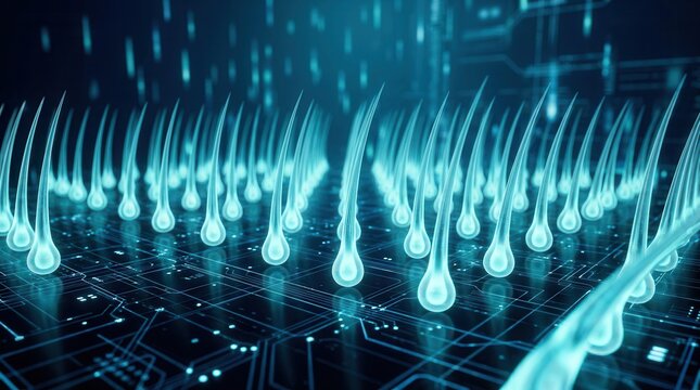 Futuristic medical concept of hair follicles growing on a digital grid surface.