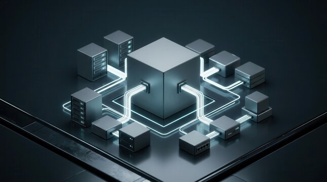 A modular data center node linking storage, server, and terminal units to represent ERP system integration.