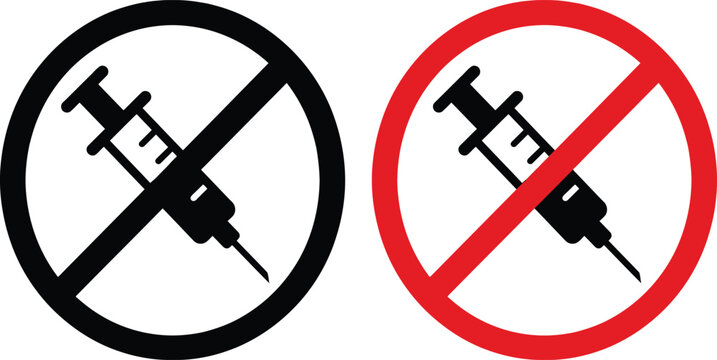 Set of two warning prohibition signs featuring crossed out syringes representing anti drug addiction campaigns, severe substance abuse prevention and safety rules.
