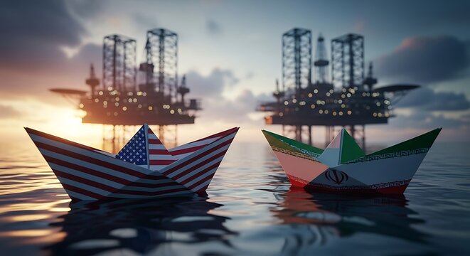 Conceptual image of US and Iran paper boats sailing near offshore industrial oil rigs