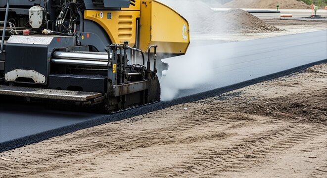 Asphalt paver machine laying fresh black tarmac on construction site, creating smooth road surface with steam rising