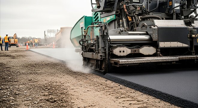 Close-up of asphalt paver machine laying hot tarmac on construction site, creating new road infrastructure with copy space