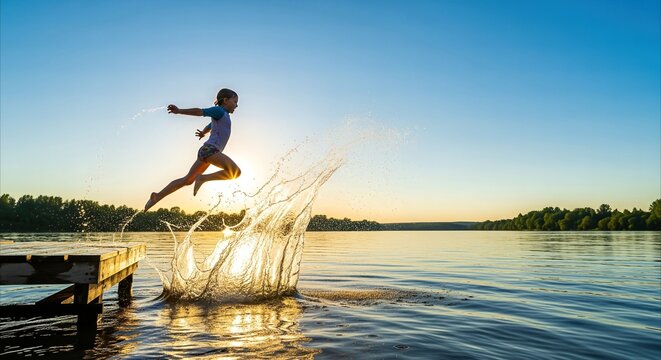 Child jumps off dock into river, creating a large splash during golden hour sunset, evoking summer fun and freedom.