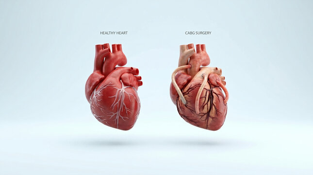 Human Heart Anatomy Comparison Between Healthy and CABG Surgery 3D Illustration