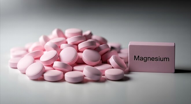 Pile of pink magnesium tablets with 'Magnesium' label cube, soft diffused light for health and wellness media