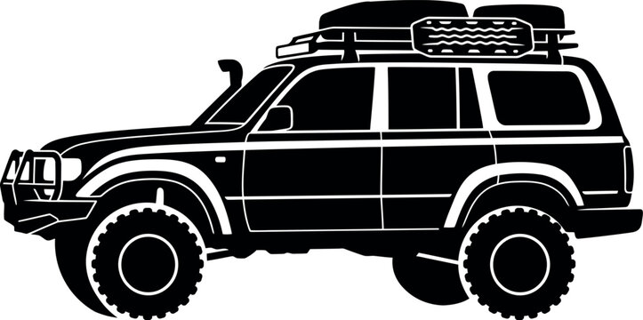 Black silhouette of a 4x4 suv with luggage on roof rack