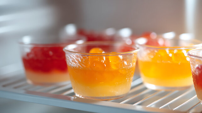Vibrant colorful desserts in small glass cups on a refrigerator shelf, showcasing fresh fruit jellies and tapioca pearls, bright and refreshing