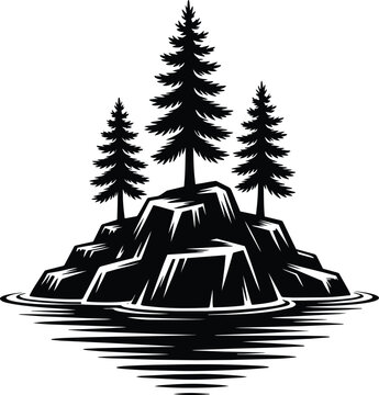 Pine trees growing on a rocky island in calm water, graphic illustration and organic growth, natural beauty, and abstract nature icons set and black