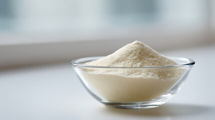 Minimalist close-up of light beige powder ingredient in a clear glass bowl on a clean white surface with diffused background light © photo for everything