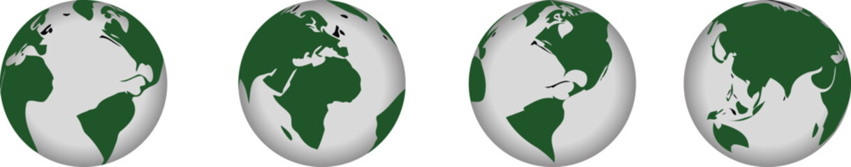 Title: Globe earth icon set with green world map illustration collection. Modern planet sphere symbols isolated on white background. Minimal global ecology geography vector design for web branding. © Khadiza