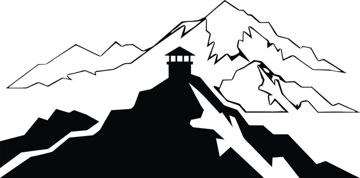 Silhouette of a watchtower structure perched atop a jagged mountain peak with a backdrop of ranges, minimalist vector art, bold striking contrast